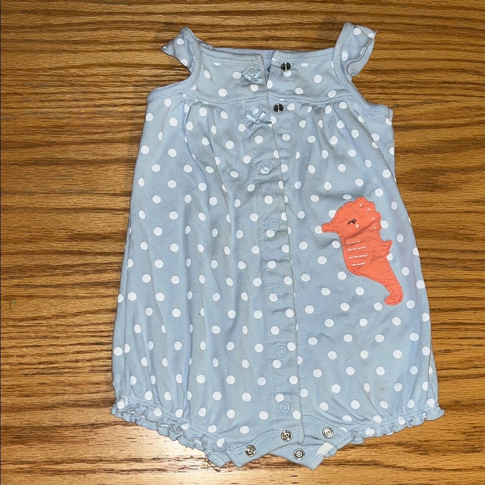 Child of Mine Blue Polka Dot Romper with Orange Seahorse